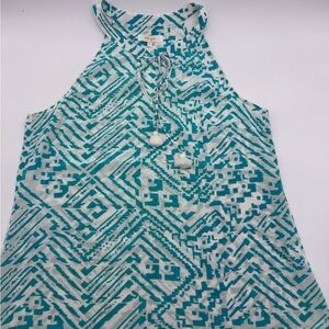 Silk Geometric Teal & White Sleeveless Blouse with Keyhole Neckline & Tassel Tie